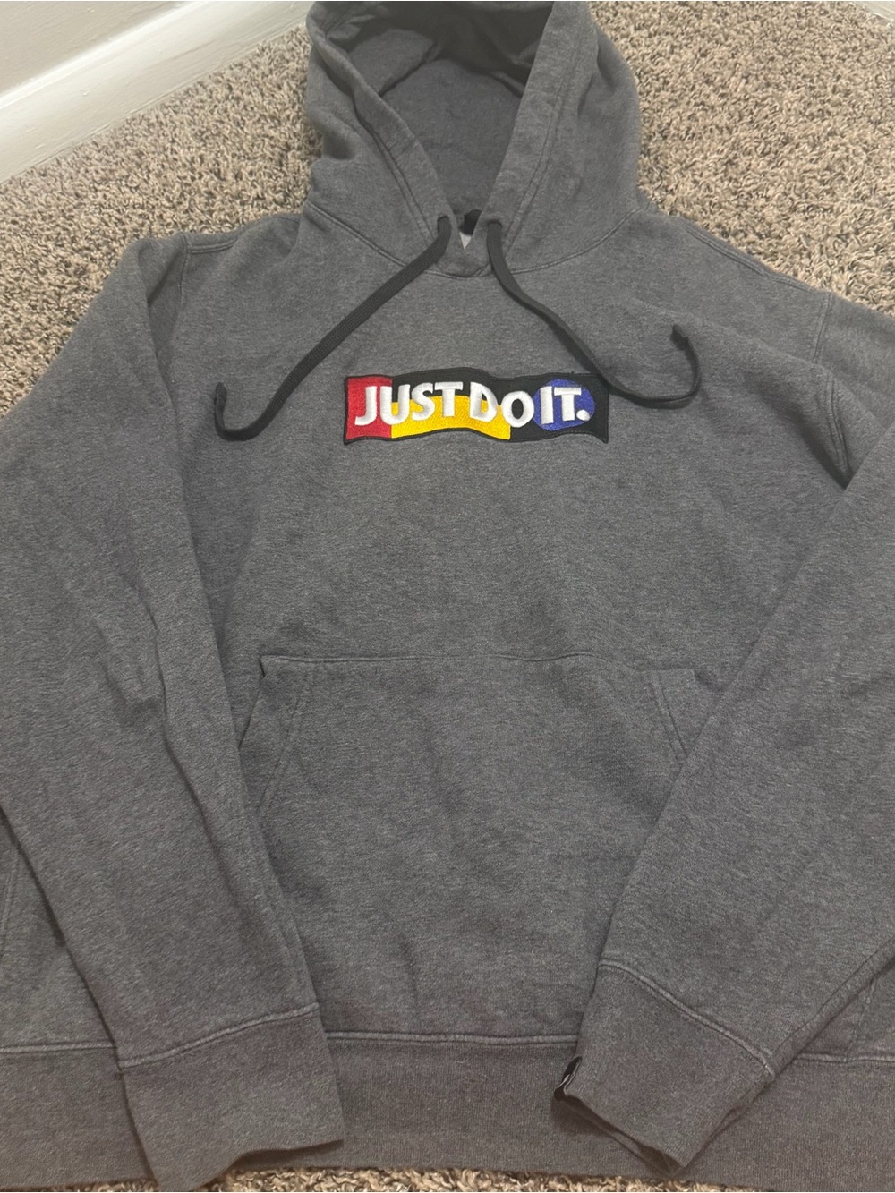 Nike Men’s Gray Crewneck Hoodie with Multicolor 'Just Do It' Logo